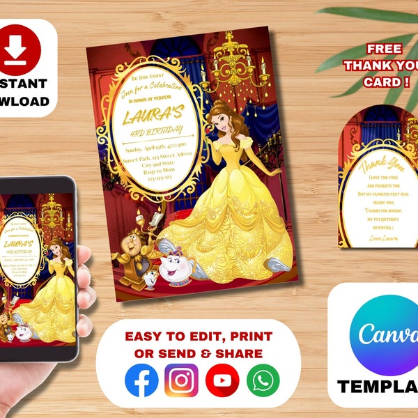 INSTANT DOWNLOAD Princess Belle Birthday Invitation, Beauty and Beast Printable Girl Birthday Party Invite Template, Editable Einvite Canva