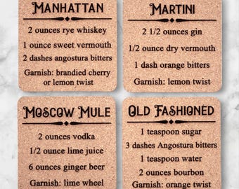 Cork Coasters - Engraved with Cocktail Recipes - Set of 4