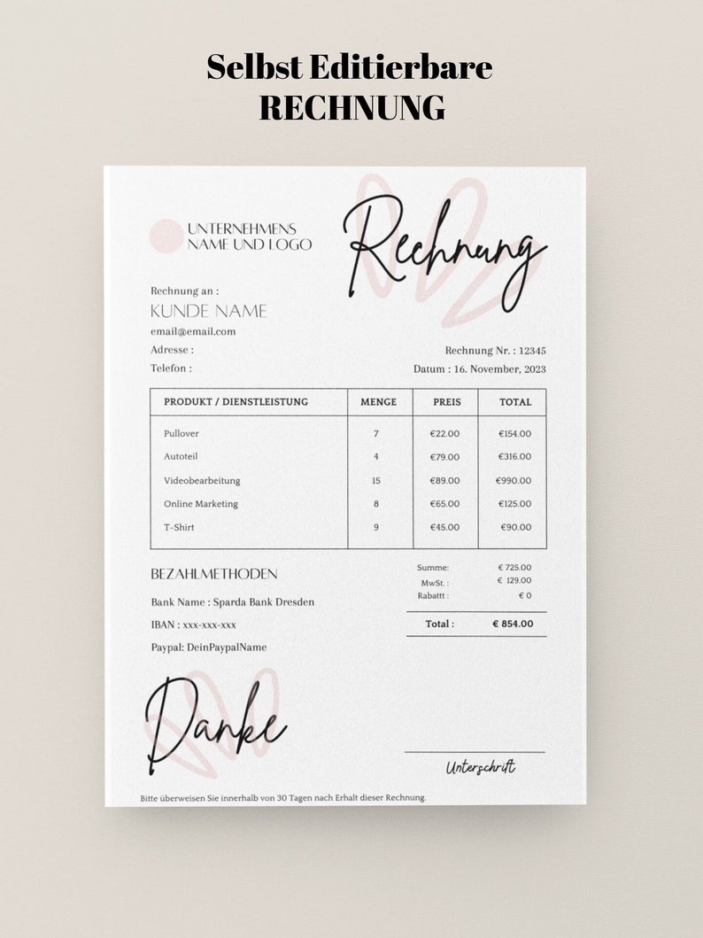 RECHNUNG Vorlage Rechnungsvorlage Deutsch Editierbare, Bearbeitbare