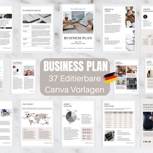 Könnte beinhalten: Eine Businessplan-Vorlage mit 37 editierbaren Canva-Vorlagen. Die Vorlage verfügt über ein beige-weißes Farbschema mit einer Grafik der deutschen Flagge. Der Text "BUSINESS PLAN" ist in einer großen, fetten Schrift.