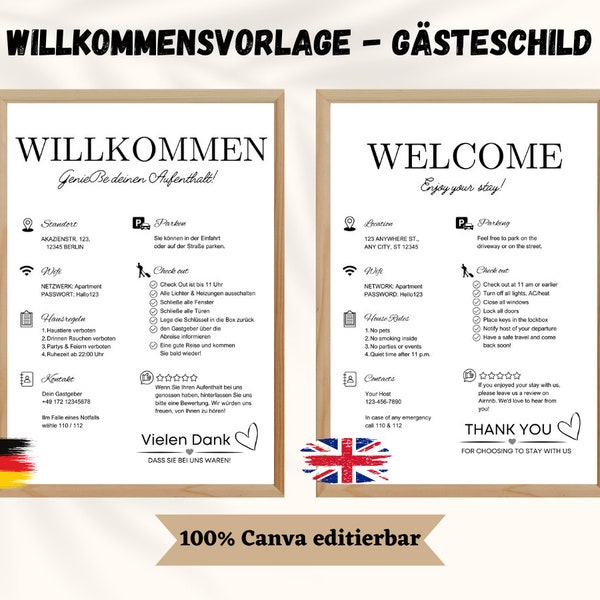 Airbnb Welcome Template - Vacation Rental Template - 100% Free to Edit on Canva - German + English Guest Template - House Rules