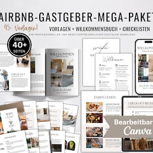 Puede incluir: Un conjunto de plantillas digitales para anfitriones de Airbnb, que incluyen libros de bienvenida, listas de verificación y guías. El diseño presenta una estética limpia y minimalista con texto e imágenes en blanco y negro, y el texto "Bearbeitbar in Canva".