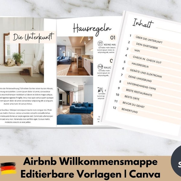 Ferienwohnung Airbnb Willkommensmappe, Vorlagen - Willkommensbuch - Editierbar in Canva - Kurzzeitvermietung 15 Seiten