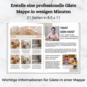 May include: A brochure spread with the headline "Erstelle eine professionelle Gäste Mappe in wenigen Minuten" and "21 Seiten in 8.5 x 11". The brochure includes the text "HAUSREGELN" and "TRIFF DEN HOST".