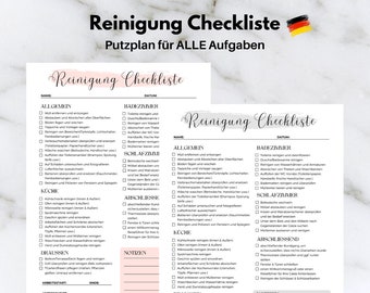 Könnte beinhalten: Eine druckbare Reinigungscheckliste auf Deutsch mit einem rosa-weißen Farbschema. Die Checkliste enthält Kategorien für die allgemeine Reinigung, Badezimmer, Schlafzimmer, Küche und Außenbereich. Die Checkliste enthält auch einen Abschnitt für Notizen.