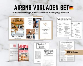 Może przedstawiać: Zestaw drukowanych szablonów Airbnb w języku niemieckim i angielskim. Szablony zawierają przewodnik powitalny, instrukcje odprawy i wymeldowania oraz listę kontrolną sprzątania. Szablony są przeznaczone do użytku z Canva.