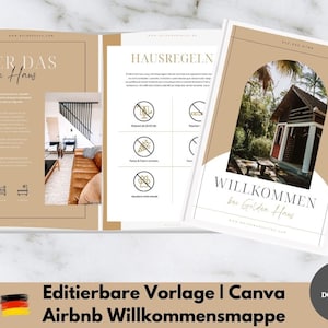Puede incluir: Un folleto de bienvenida para un alquiler vacacional llamado "Golden Haus". El folleto tiene un fondo marrón con texto blanco e iconos. El folleto incluye información sobre la casa, las normas de la casa y un mensaje de bienvenida. La imagen también incluye una foto de la casa.