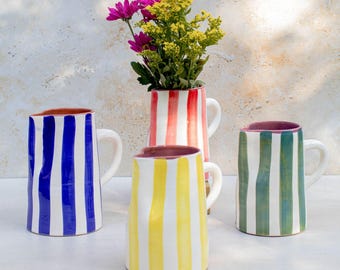 Hand Painted Ceramic Water Jug – Blue Moroccan Striped Pitcher, Boho Marrakech Pottery