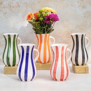 Handmade Moroccan Striped Jug | Large Ceramic Pitcher for Water, Juice or Flowers | Boho Pottery in Blue, Green, Black, Red, Orange