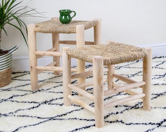 Moroccan Stool Wood Natural Rope Woven Palm Leaves Chair Hand Knotted Seagrass Seats Doum Stool