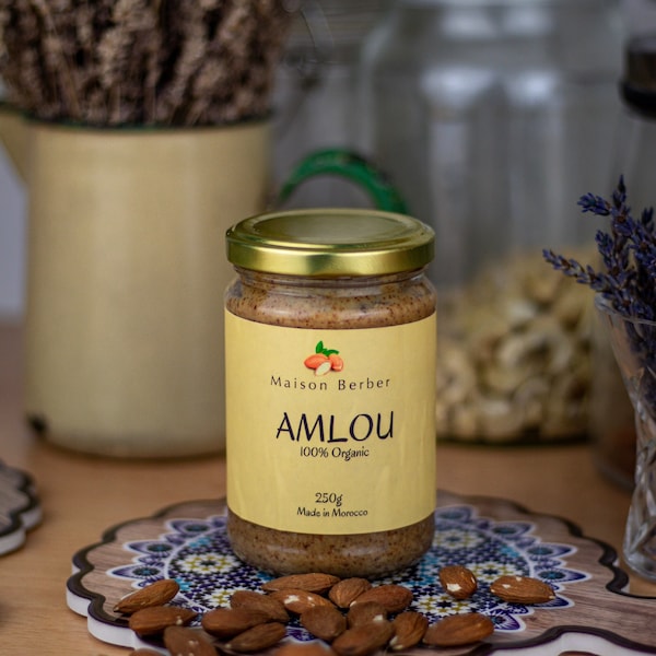 Amlou pur biologique à l'huile d'argan, aux amandes et au miel - Amlou 100 % naturel - Amlou marocaine à l'huile d'argan et au miel 250 g