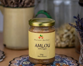 Amlou pur biologique à l'huile d'argan, aux amandes et au miel - Amlou 100 % naturel - Amlou marocaine à l'huile d'argan et au miel 250 g