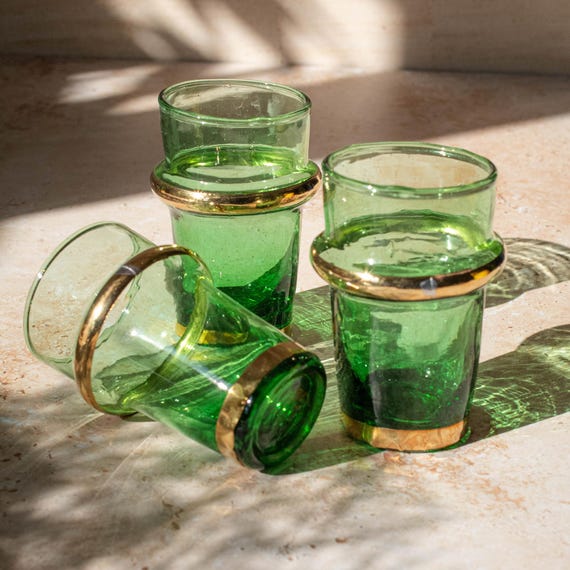 Recycled Moroccan Beldi Tea Glasses Set: Handmade Green Glassware