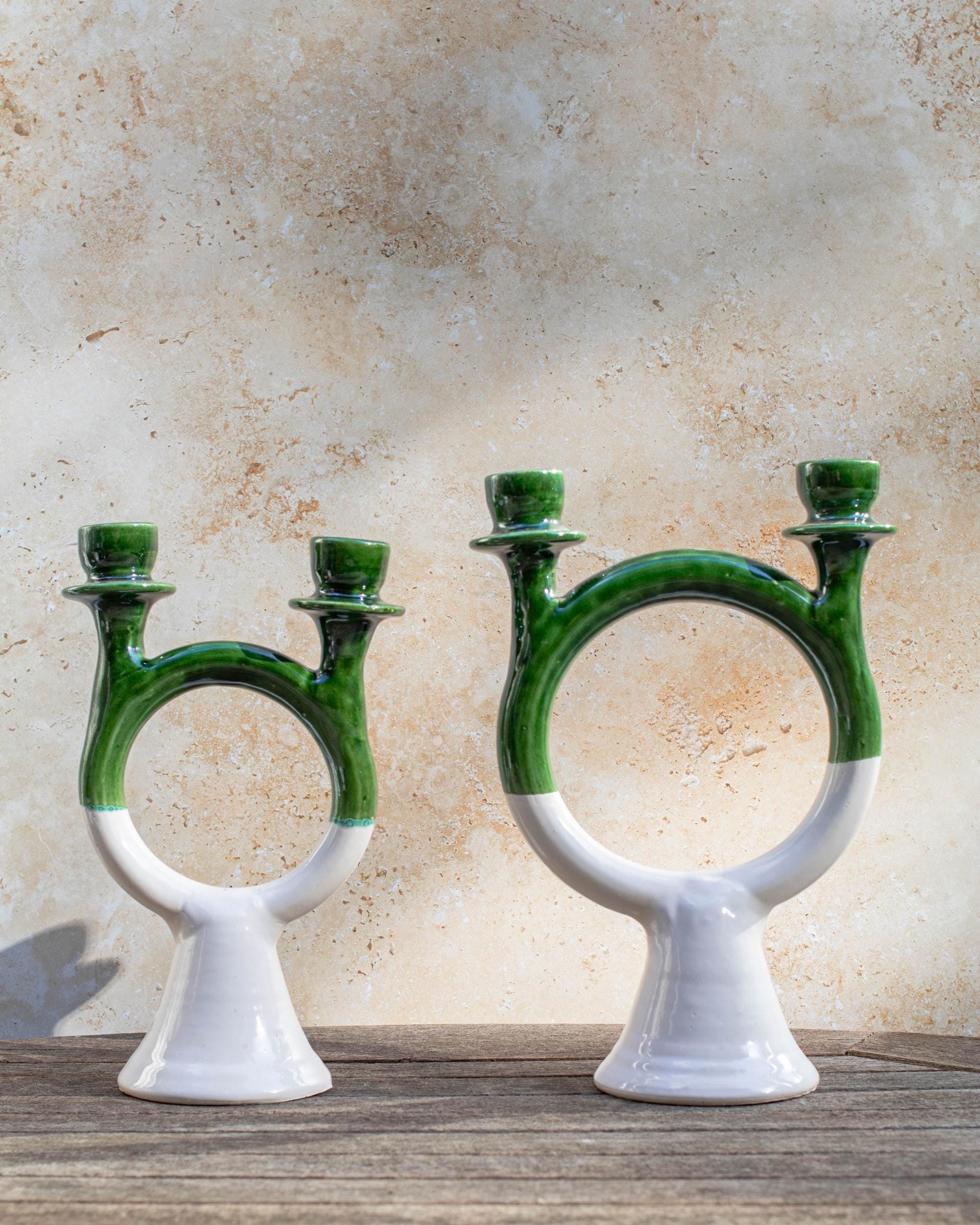 Handmade Tamegroute Green Double Candle Holder: Moroccan Pottery