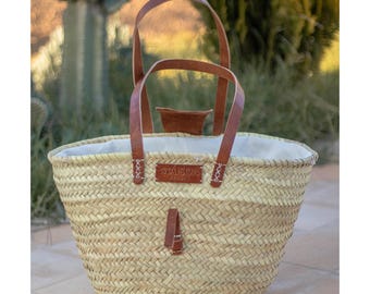 Cesto di paglia marocchino: borsa da spiaggia intrecciata a mano con manici in pelle