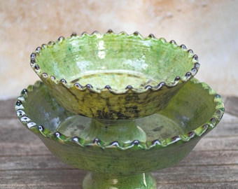 Tamegroute Green Pedestal Bowl | Handmade Moroccan Pottery | Rustic Fruit Bowl, Footed Dish, Boho Home Decor | Two Sizes