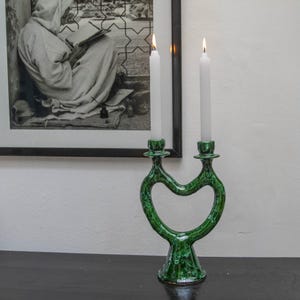 Moroccan Vintage Tamegroute Shaded Green Candlestick Holder, Handmade Ceramic Glazed Pottery, Authentic Craftsmanship, Home Decor