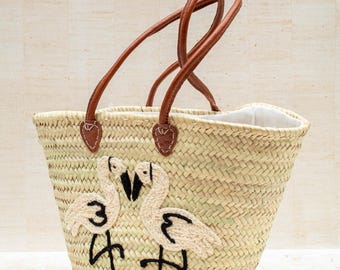 Flamingo Embroidered French Market Basket: Handwoven Moroccan Straw Tote