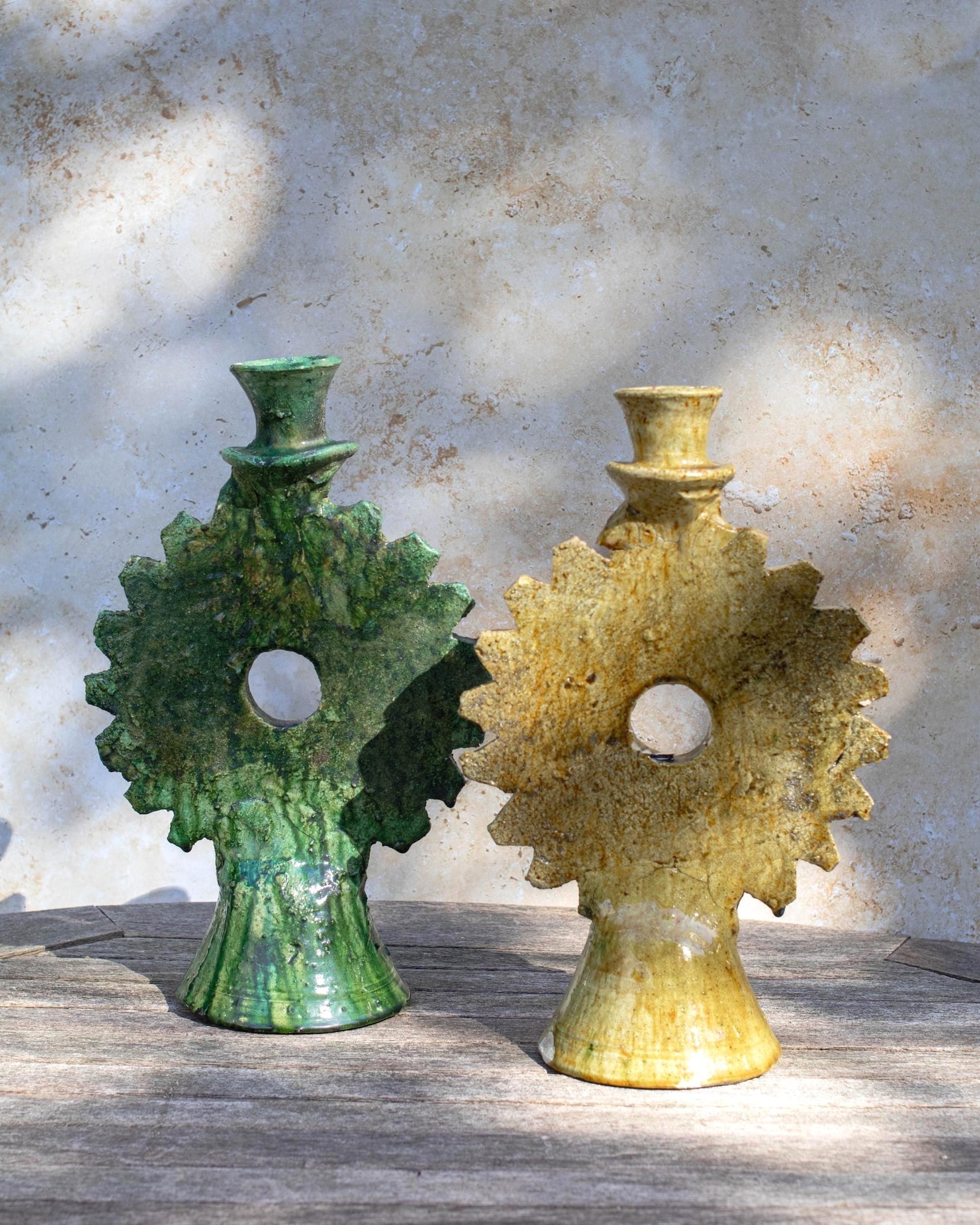 Yellow - Handmade Tamegroute Sunburst Candle Holder: Ochre Pottery