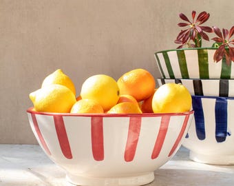 Handmade Moroccan Ceramic Bowl: Large Striped Artisanal Tableware