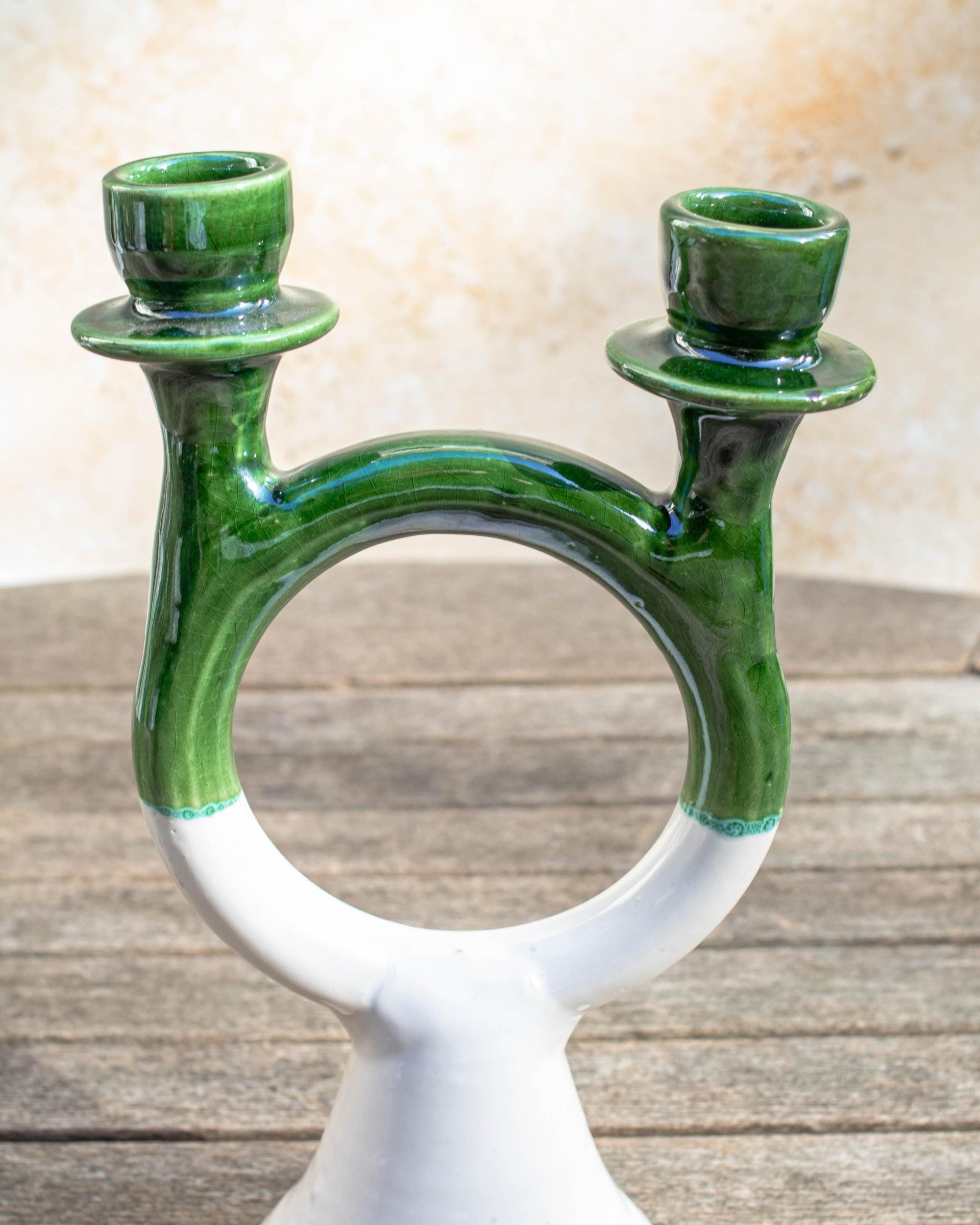 カメハメハ 陶器 オコレハオデカンタ 約13cm Handmade Tamegroute Green Double Candle Holder: Moroccan Pottery