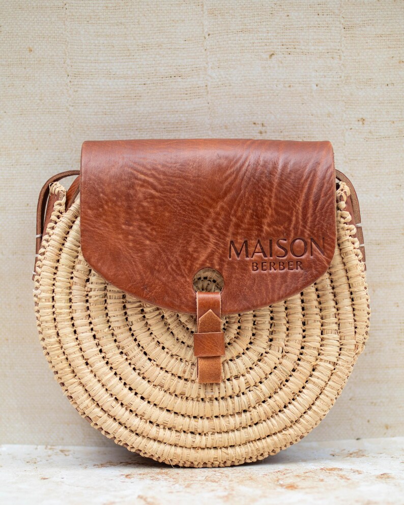 Handmade Moroccan Raffia Crossbody Bag: Round Straw Purse With Leather ...