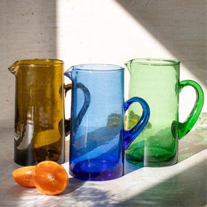 Handblown Moroccan Beldi Glass Jug – Recycled Water Pitcher, Sustainable Tableware