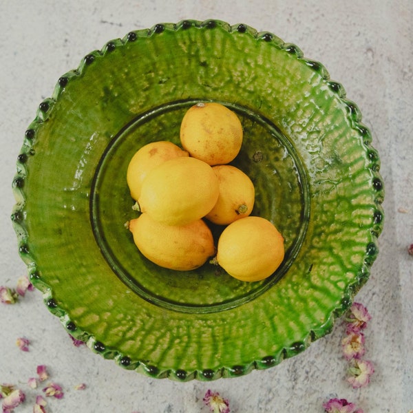 Tamegroute Bowl, Handmade Green Bowl, Moroccan Vintage Green Glazed Pedestal Fruit Bowl,Tamegroute Serving Bowl, Large Ochre Tamegroute Bowl