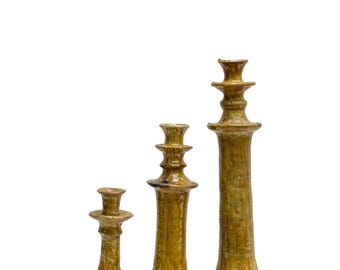 Tamegroute Ochre Candlestick Holder: Handmade Moroccan Ceramic Candle Decor