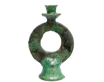 Moroccan Tamegroute Green Candlestick Holder: Glazed Ceramic Pottery