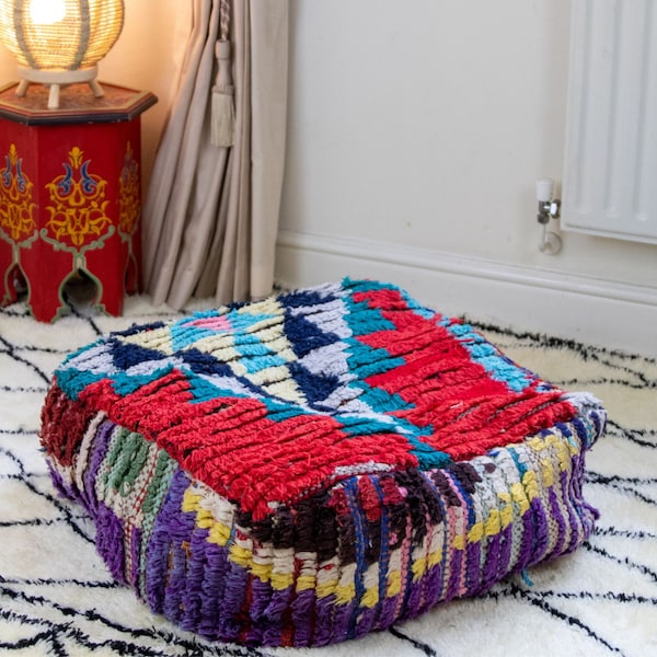 Floor Cushion Pouf Moroccan Wool Kilim Pouf - Vintage Moroccan Ottoman - Yoga Meditation Pouf - Outdoor Kilim Poufs  Beni Ourain Square Pouf