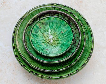 Green Glaze Tamegroute Ceramic Bowl: Handmade Moroccan Serving Bowl
