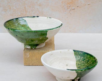 Handmade Moroccan Tamegroute Bowl – Half Glazed Green and White Ceramic