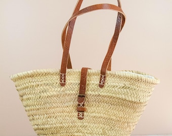 Moroccan Straw Market Basket – Long Leather Handles – Handwoven Beach Tote or Shopping Bag