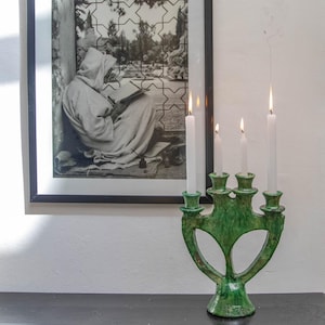 Handmade Moroccan Vintage Tamegroute Shaded Green Candlestick, Tamegroute Handmade Candlestick Traditional Moroccan Pottery for 4 Candles