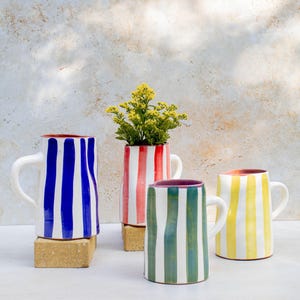 Handmade Moroccan Striped Jug – Hand Painted Ceramic Pitcher for Water, Juice or Flowers – Marrakech Boho Pottery Blue, Green, Yellow, Red