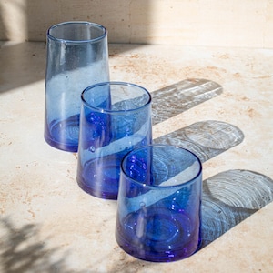 Blue Moroccan Glass Tumbler – Recycled Handblown Highball for Water or Cocktails