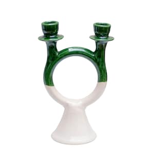 Moroccan Vintage Tamegroute Green White Candlestick Holder, Bohemian Table Decor, Christmas Gift, Handmade Ceramic Candlestick Holder