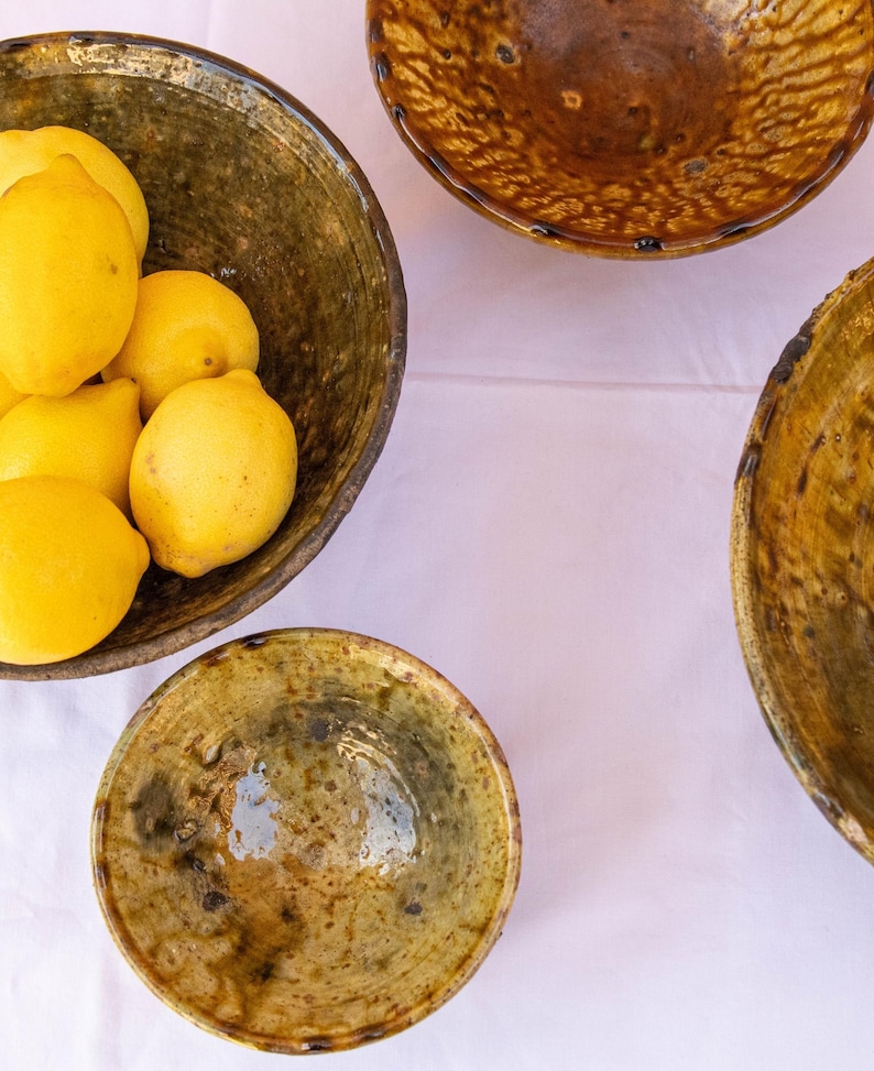 Tamegroute Handmade Bowl | Moroccan Yellow Ochre Ceramic Serving Bowl Rustic Pottery Decor
