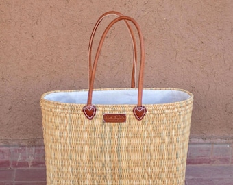 Cesto da mercato marocchino intrecciato a mano / Borsa tote in paglia con manici in pelle, cesto da spiaggia, borsa shopper foderata