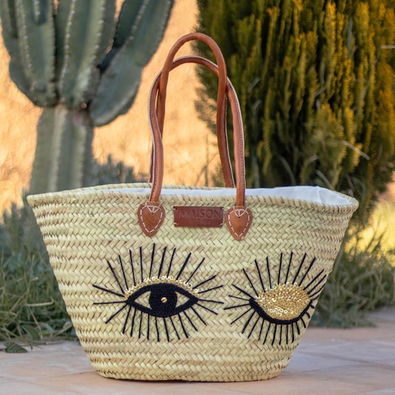 Handwoven Moroccan Straw Market Basket with Leather Handles