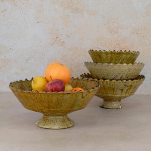 Tamegroute Pedestal Bowl: Handmade Moroccan Yellow Ochre Serving Bowl