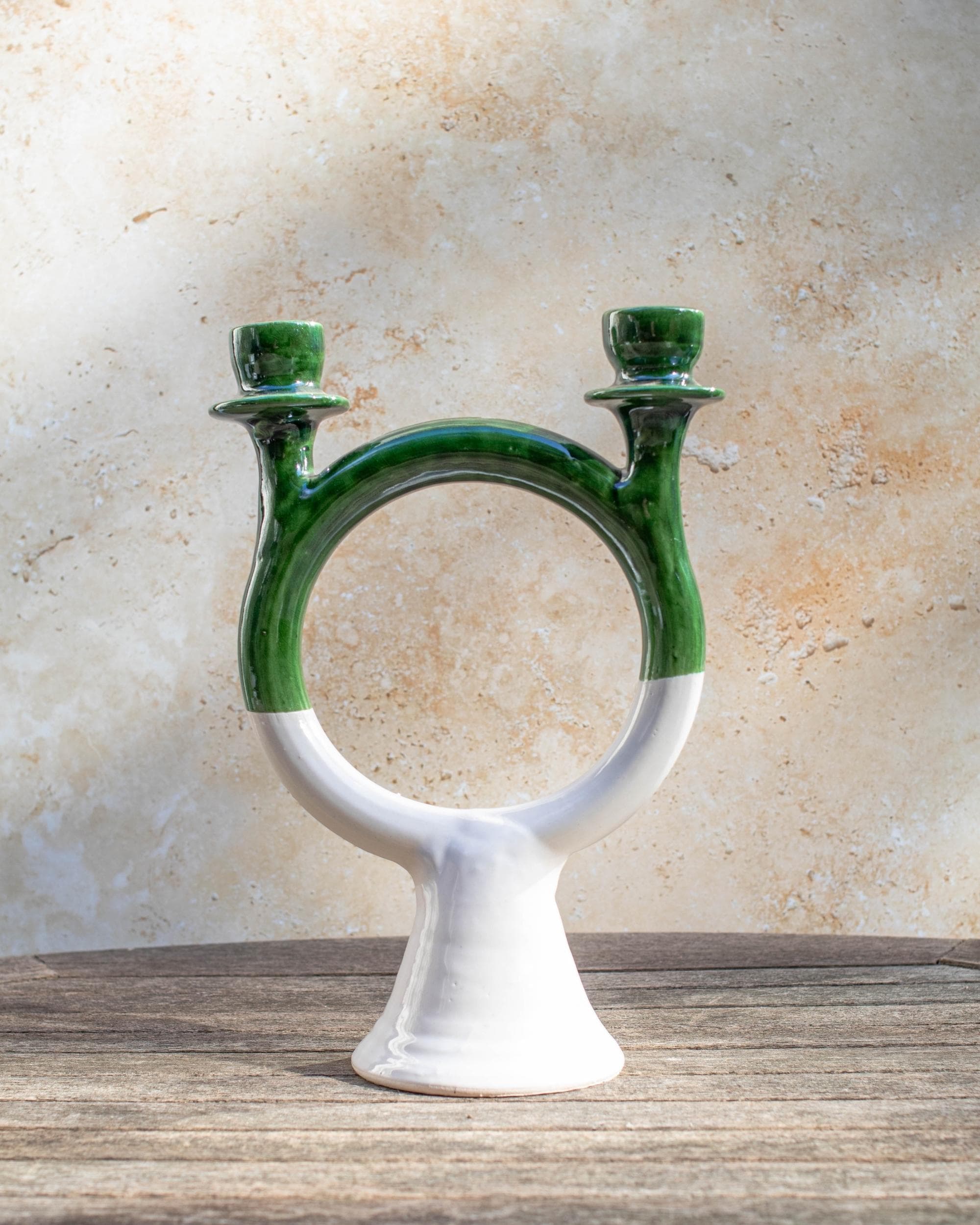 Handmade Tamegroute Green Double Candle Holder: Moroccan Pottery
