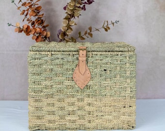Handwoven Wicker Storage Trunk: Bohemian Toy Chest with Leather Strap