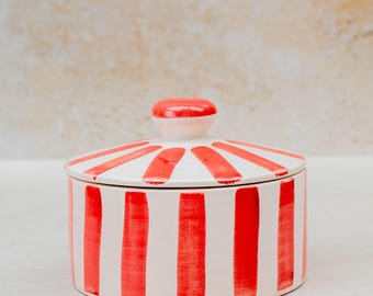 Handmade Moroccan Striped Ceramic Pot – Artisan Boho Sugar Bowl or Trinket Box