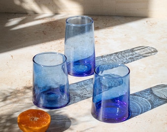 Moroccan Beldi Blue Glass Tumbler, Hand Blown Drinking Glass, Bohemian Glassware Artisan Water Glass Boho Home Decor