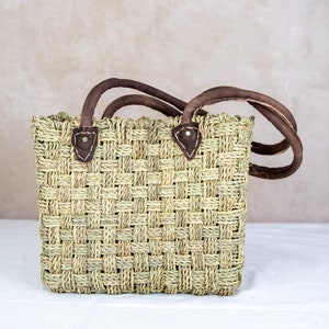 Handmade French Market Basket in Natural with Stitched Leather Handles - Moroccan Wicker Basket Bag