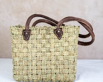 Handmade French Market Basket in Natural with Stitched Leather Handles - Moroccan Wicker Basket Bag