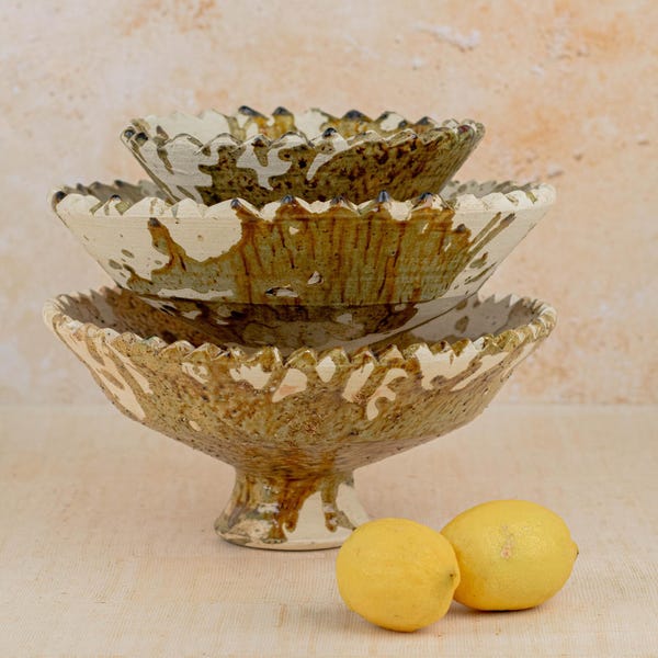 Moroccan Tamegroute Handmade Pottery Pedestal Fruit Bowl, Ochre Ceramic Bowl,