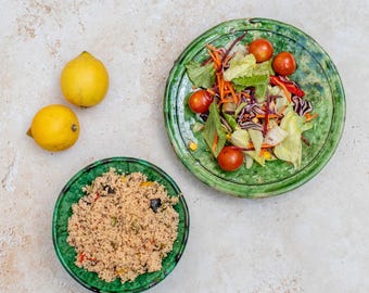 Tamegroute Green Plate & Bowl Set: Handmade Moroccan Ceramic Dinnerware